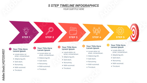 Arrow Goal Infographic Timeline with 5 Steps and Editable Text on a 16:9 Layout for Business Presentation, Poster, Banner and Booklet.