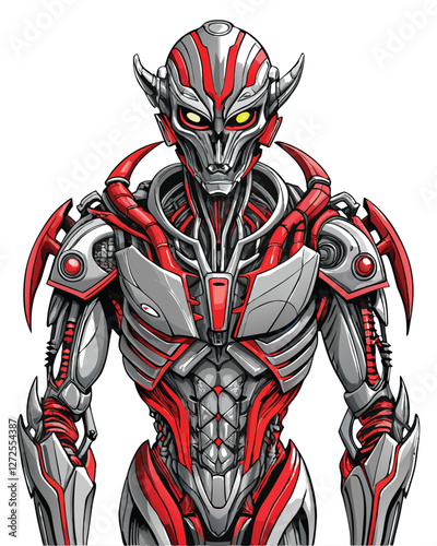 Render a detailed image of a bio-mechanical alien hybrid, showcasing exposed circuitry and intricate engineering details.  Emphasis on realistic textures and metallic sheen.