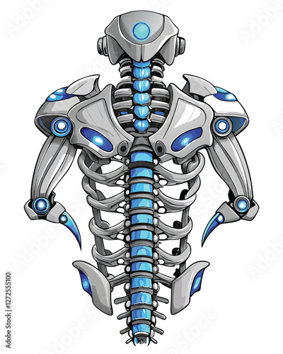 A close-up shot of a biomechanical robotic spine, featuring flexible segmented joints and integrated LED lights illuminating the internal mechanisms.