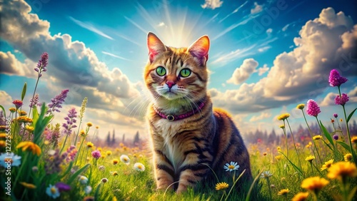 Playful Cat Shaped Like a Pentamino Puzzle Piece in a Sunny Meadow Landscape photo