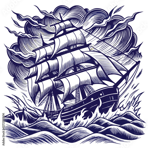 A vintage-style, bold line drawing of a sailing ship battling a ferocious storm at sea, with dramatic waves and dark skies.