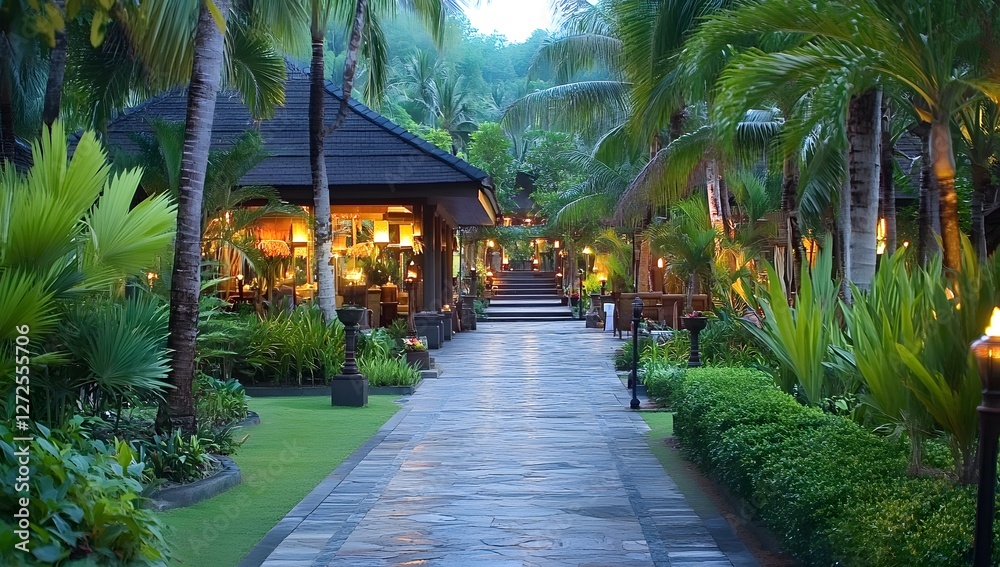 Fototapeta premium Tropical resort pathway at dusk, with illuminated restaurants and lush gardens