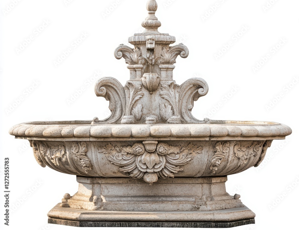 Ornate Stone Fountain, Isolated, Classic Design, Empty Basin Ornate Stone Fountain, Isolated, Classic Design, Empty Basin