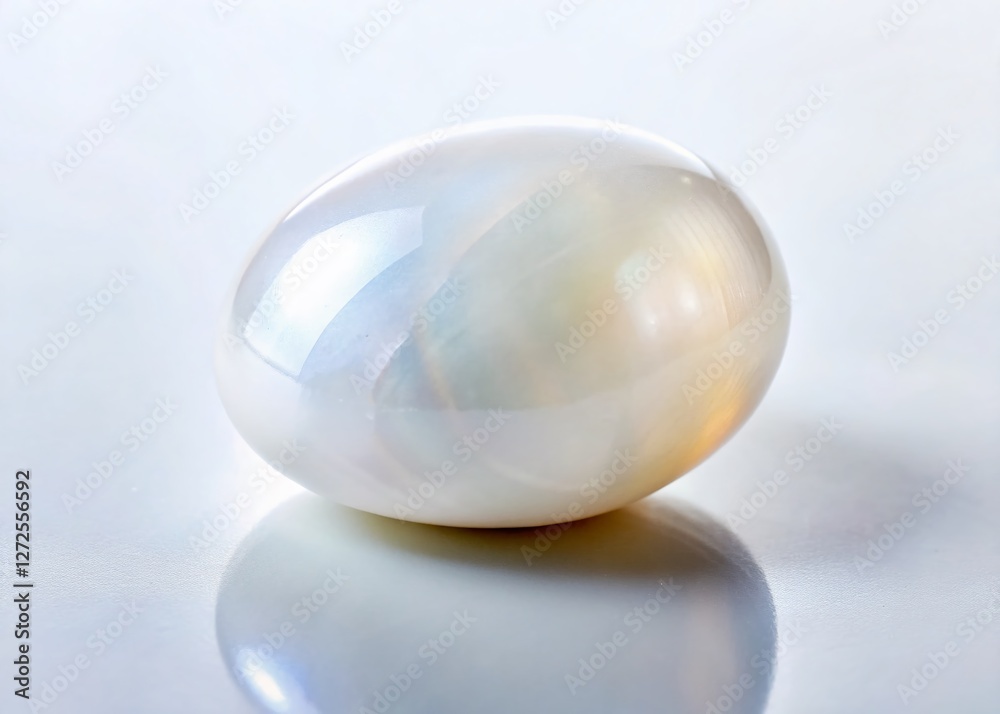 Polished White Moonstone Gem on White Background - Elegant Still Life Food Photography Polished White Moonstone Gem on White Background - Elegant Still Life Food Photography