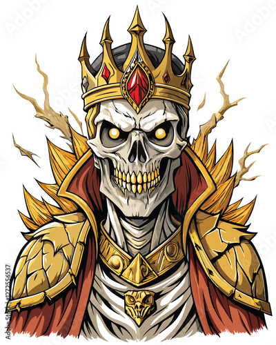 Detailed engraving of a skeletal king, his cracked crown askew, conveying decay and fallen royalty.  High contrast, intricate detail.
