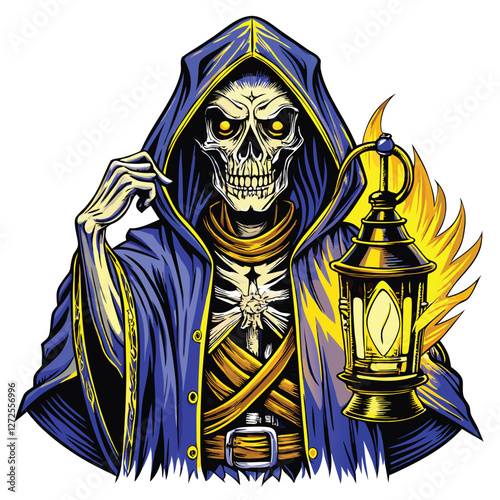 A detailed illustration of a skeletal figure, clad in a tattered grim reaper robe, holding aloft a flickering lantern in a dimly lit graveyard.