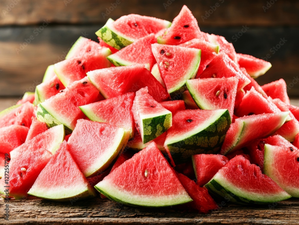 Freshly cut watermelon slices piled high on a rustic wooden table background Freshly cut watermelon slices piled high on a rustic wooden table background