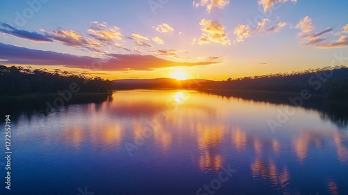 Stunning Sunset Over Serene Lake with Beautiful Reflection and Colorful Sky : Generative AI