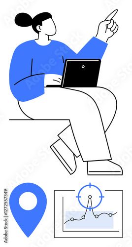 Woman with laptop pointing upward, location pin, and chart with target. Ideal for productivity, analytics, navigation, strategy, leadership, teamwork abstract line flat metaphor