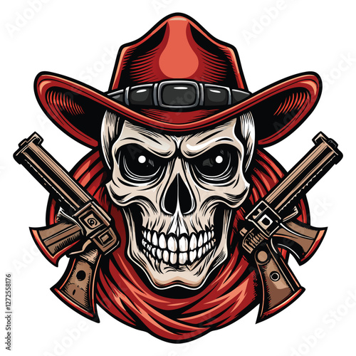 A detailed illustration of a human skull, adorned with a weathered cowboy hat, crossed revolvers positioned beneath the hat.  Dark, gritty, western style.