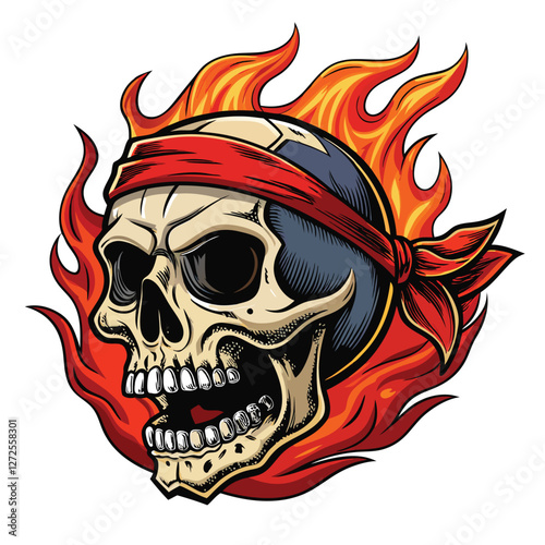 A skull, partially obscured by a fiery red bandana concealing its mouth, engulfed in vibrant flames.  Detailed, dark, dramatic, skull, bandana, fire, flames, death, danger.