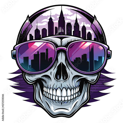 A human skull, stylishly adorned with aviator sunglasses reflecting a vibrant, unseen scene.  Detailed rendering, dramatic lighting.