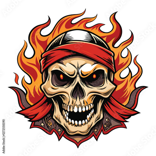 A human skull, partially obscured by a fiery red bandana covering its mouth, engulfed in vibrant flames.  Detailed, dark, and dramatic.