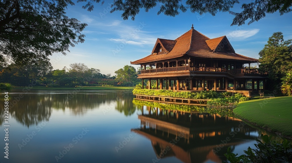Naklejka premium Traditional Wooden House on Calm Lake at Sunrise