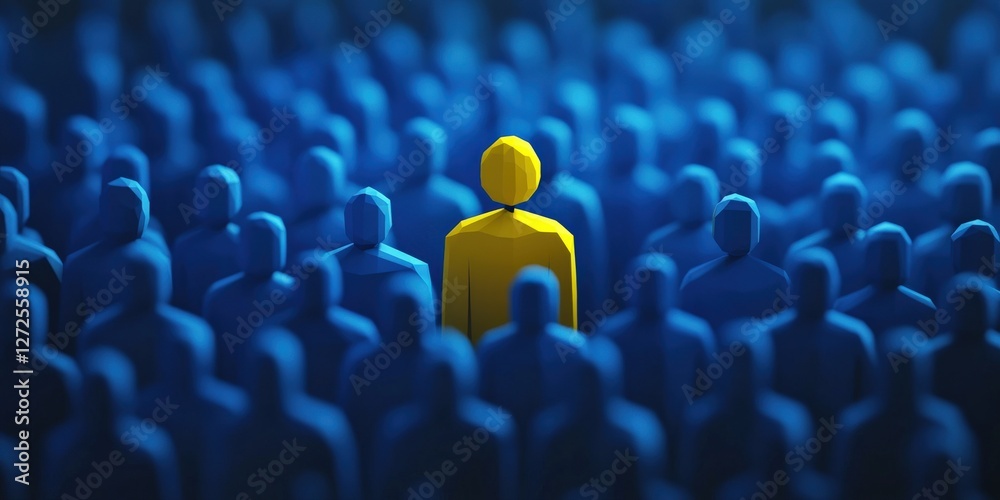 Obraz premium One brilliant yellow leader figure among blue crowd, leadership, unique talent selection, business recruitment