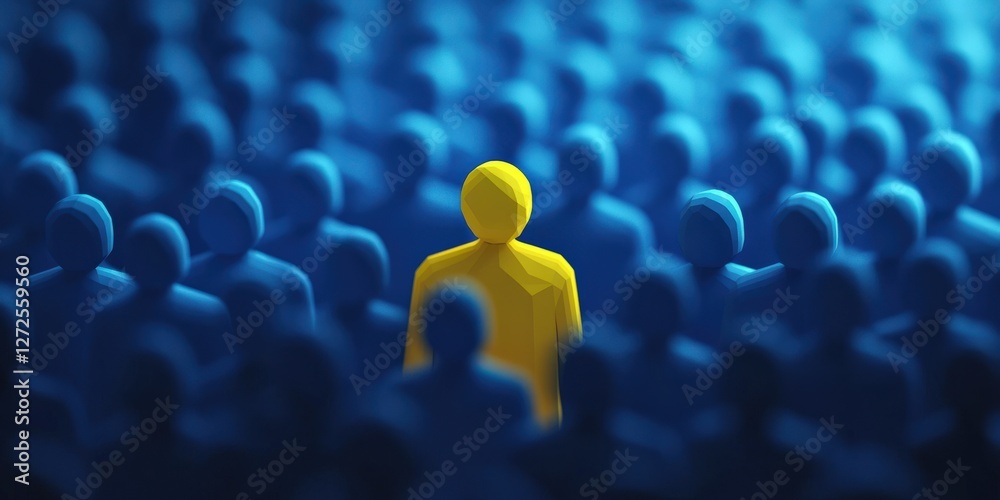 Fototapeta premium One brilliant yellow leader figure among blue crowd, leadership, unique talent selection, business recruitment
