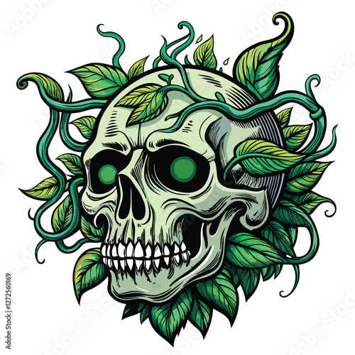 A detailed rendering of a human skull, intricately interwoven with lush, vibrant green vines sprouting from its eye sockets.  Focus on realistic texture and contrast.