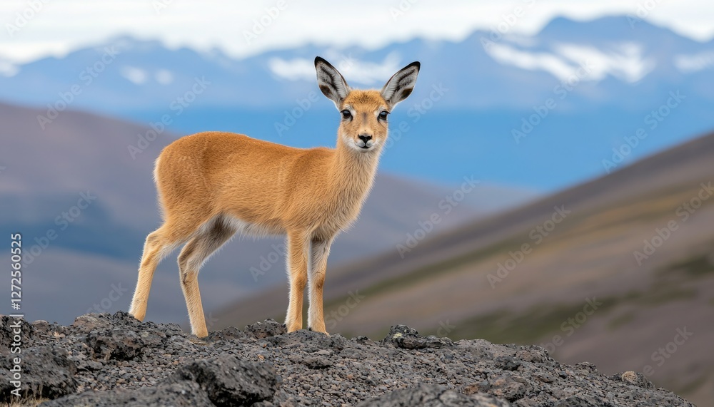 A young gazelle stands gracefully on rocky terrain, with majestic mountains in the background under a clear blue sky. A young gazelle stands gracefully on rocky terrain, with majestic mountains in the background under a clear blue sky.