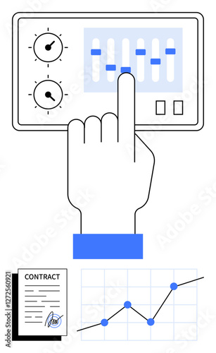 Hand adjusting sliders on control panel, signed contract, and rising graph. Ideal for business strategy, data management, analytics, growth planning, decision making, success or abstract line flat