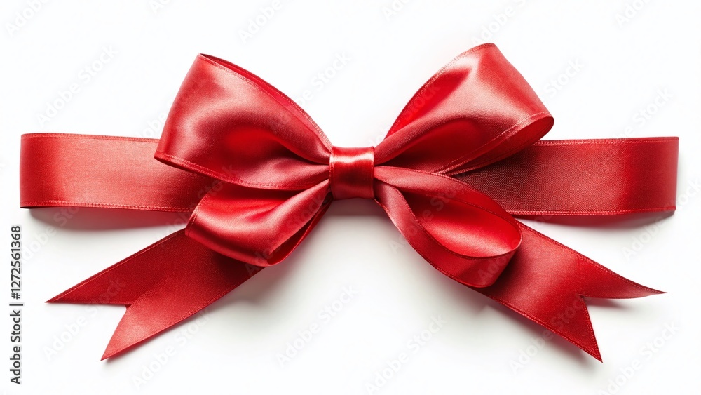 Fototapeta premium Realistic Red Ribbon Bow with Tails, Isolated on White, Tilt-Shift Photography