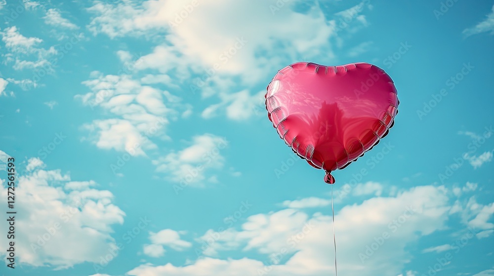 Fototapeta premium Red heart balloon floats in a blue sky