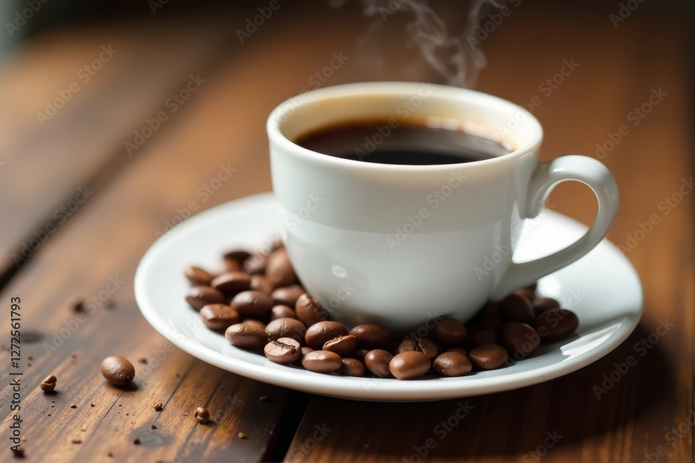 Aromatic coffee cup and beans on a pristine white plate , breakfast, close-up Aromatic coffee cup and beans on a pristine white plate , breakfast, close-up