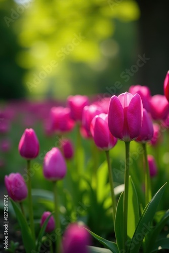 A profusion of purple tulips and verdant foliage in a spring garden , leaves, purple tulip, outdoor scene
