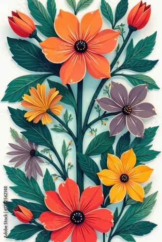 Bold flat floral sticker design, trendy color palette, background, bright, textile