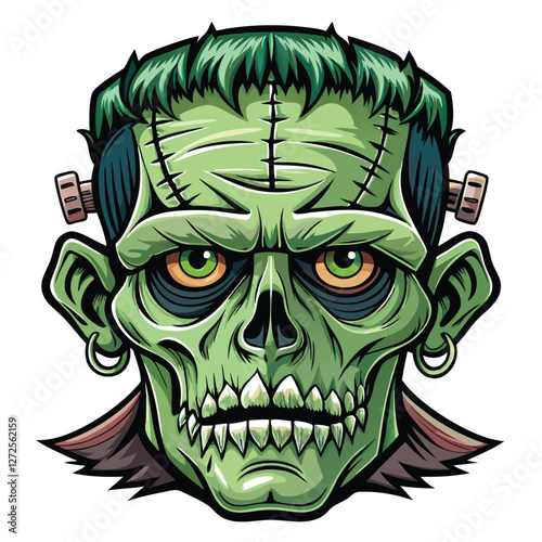A detailed rendering of a Frankenstein-style skull, meticulously stitched together with visible sutures and metallic bolts piercing the bone.