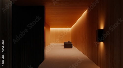 Warm-lit minimalist hallway with wooden walls and dark furniture.