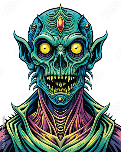 Render a terrifying cosmic horror alien entity, characterized by a multitude of eyes, sprawling across a desolate, star-strewn void.  Emphasize its unsettling scale and grotesque detail.
