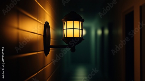 Illuminated wall-mounted lantern in dark hallway.