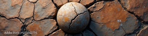 Cracked stone orb with cracks and sedimentary layers, ancient, geological, crack