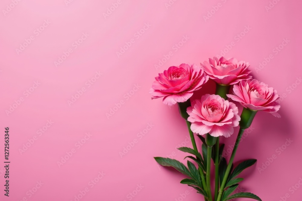 Fototapeta premium Cluster of five pink carnations against a matching pink background, nature, plant, delicate
