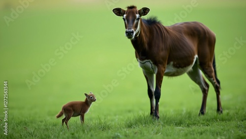 A Mother Mountain Nyala and Her Calf in a Lush Green Field