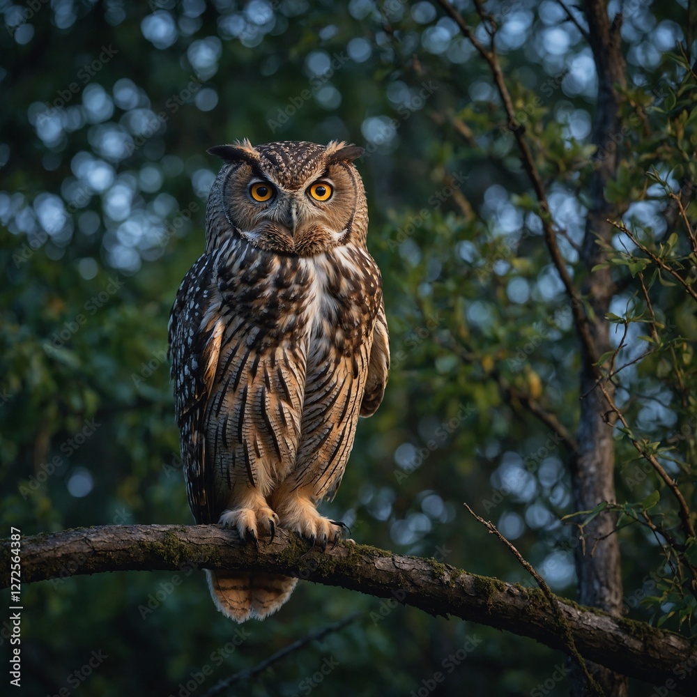 Naklejka premium Focus on an owl staring intensely from a branch. A wise owl perched on a twisted tree branch, surrounded by fireflies in a dark forest. owl sitting on a branch in the woods.a owl that is sitting on a 