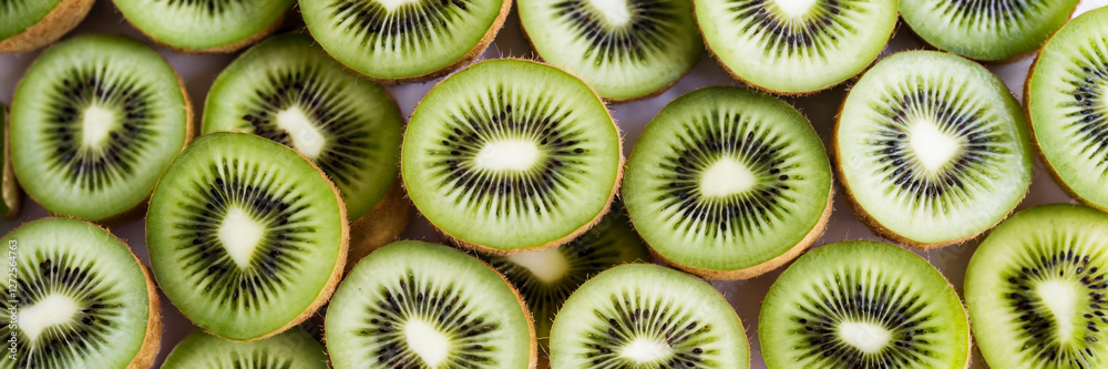 Vibrant green kiwi slices pattern, black seed details, overhead fruit arrangement, long banner Vibrant green kiwi slices pattern, black seed details, overhead fruit arrangement, long banner