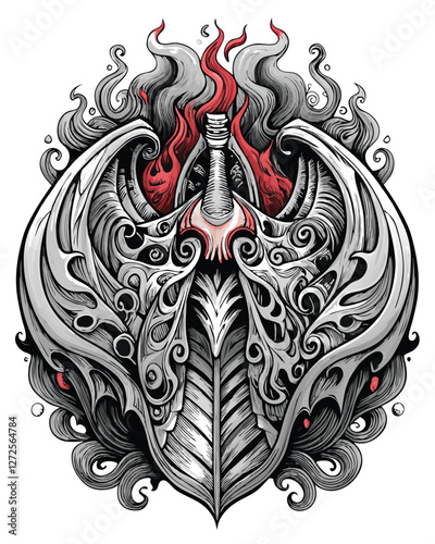 Detailed engraving of a vampire's lung, intricately filled with swirling, ethereal mist; dark, gothic style.