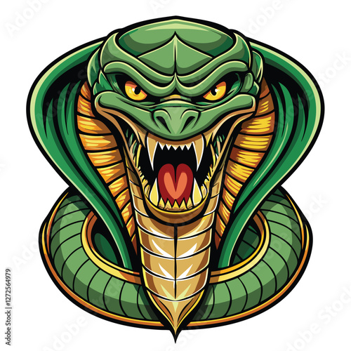 Create a striking close-up image of a venomous cobra's head, its hood dramatically flared, showcasing intricate scales and intense gaze. Bold colors and sharp detail are crucial.