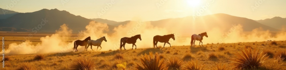 Dusty Montana ranch landscape, sun-drenched horses grazing , farm, photo Dusty Montana ranch landscape, sun-drenched horses grazing , farm, photo
