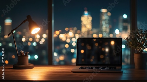 Night cityscape view from office desk with laptop, lamp, and plant.