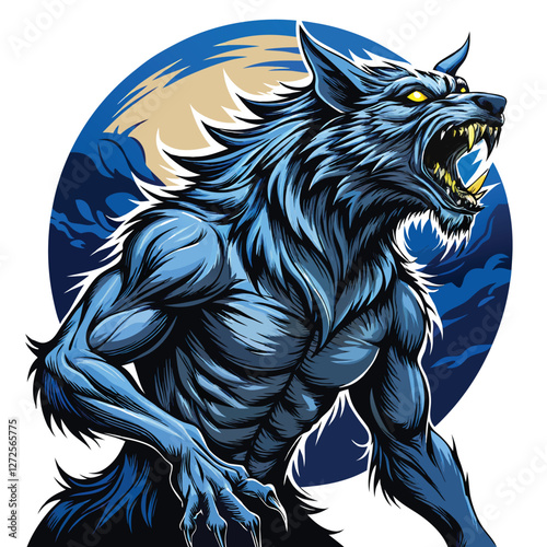 A vintage-style illustration of a powerful werewolf howling dramatically at a bright full moon, showcasing bold lines and textures.