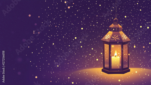 Wallpaper Mural Klausjagen minimalist design with purple to golden white night gradation, decorative elements such as fine snow patterns in the upper corners, candlelight illustrations in glass lanterns at the bottom Torontodigital.ca