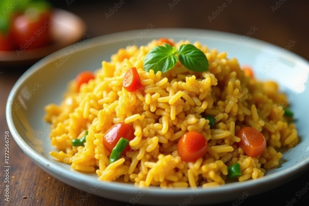 Golden fried rice, vibrant veggies, on a plate, garnish, homemade, plate Golden fried rice, vibrant veggies, on a plate, garnish, homemade, plate