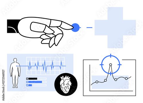 Robotic hand touching a symbol, heart and patient diagnostics, graphs, EKG data. Ideal for AI healthcare, biomedical research, telehealth, innovation, robotics diagnostics abstract line flat