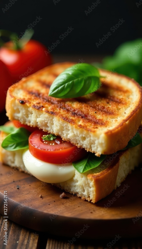 Grilled panini overflowing with fresh mozzarella, basil, and tomato , foodphotography, italy