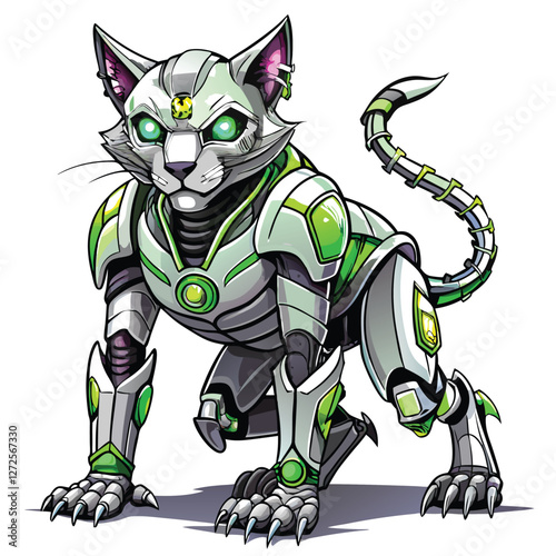 A futuristic cybernetic cat, sleek and powerful, with gleaming metallic limbs and vibrant glowing emerald eyes.  High detail, 8k resolution.