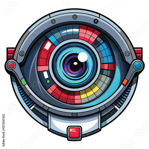 Detailed render of a futuristic cybernetic eye implant featuring rotating lenses and sophisticated circuitry, showcasing intricate mechanical details.