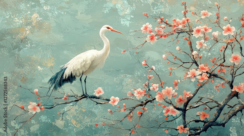 Fototapeta premium White Crane Perched on a Peach Blossom Branch