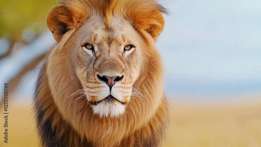 Close up of a majestic male lion, golden brown mane, intense gaze, light blue background, African savanna setting Close up of a majestic male lion, golden brown mane, intense gaze, light blue background, African savanna setting